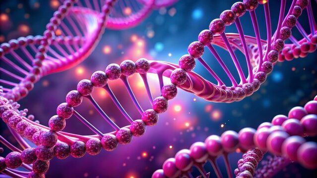 Vibrant pink dna strands intertwined in cosmic nebula background - Powered by Adobe