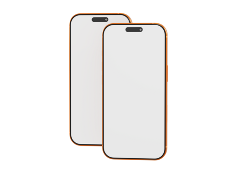Two blank modern smartphones with white screens, perfect for app designs or tech concepts. Ideal for websites,