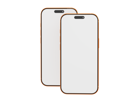 Two gold smartphones side by side with blank screens on white, ideal for app design, presentation. Mockup of mo