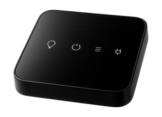 Sleek black control hub for automating lighting and appliances in modern homes.