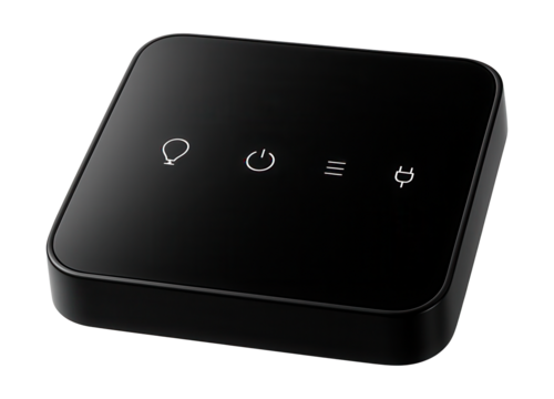 Sleek black control hub for automating lighting and appliances in modern homes.