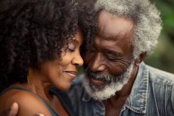 Portrait of a glad afro-american couple in their 60s giving a kiss on the forehead