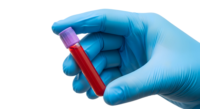 A gloved hand holding a test tube filled with blood, isolated on transparent background, for medical analysis