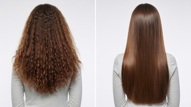 Before and after hair straightening treatment showing frizzy and sleek hair isolated on white background