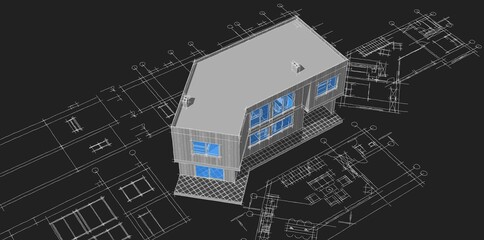 house architectural project sketch 3d illustration