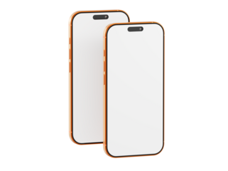 Two blank screen smartphones mockup. Modern golden devices on white background. Perfect for app design or user