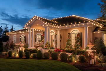 A beautifully decorated house with glowing Christmas lights and festive decor, perfectly embodying the warmth and cheer of the holiday season.