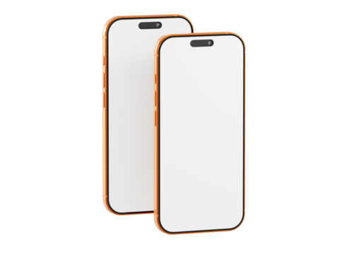 Two blank screen smartphones mockup. Modern golden devices on white background. Perfect for app design or user