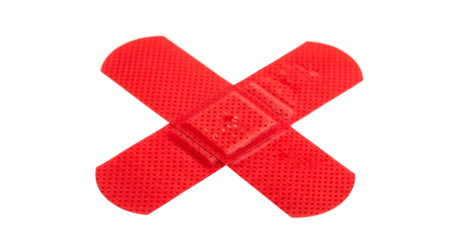 Red adhesive bandage in a cross shape, isolated on transparent background, for wound care and first aid