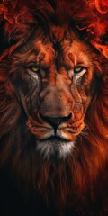 Majestic lion with a fiery mane in a dramatic close-up portrait. Vertical fantasy art of a powerful king of the jungle with burning flames and an intense gaze