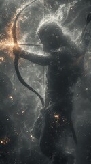 Silhouette of a fantasy archer with a glowing bow and arrow. Vertical illustration of a mythical warrior surrounded by cosmic energy and smoke