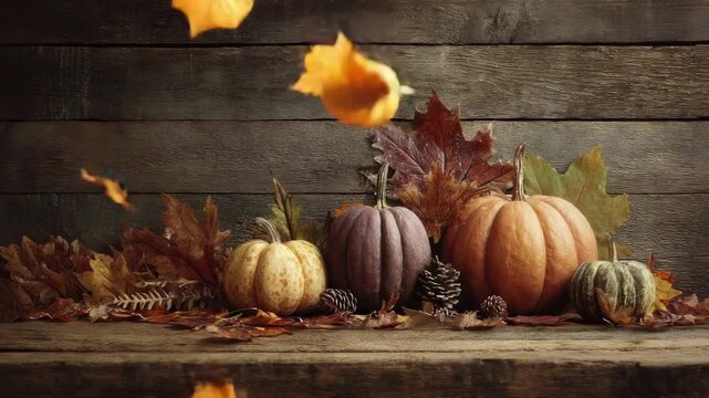 An autumnal still life with colorful pumpkins gourds pinecones and falling leaves on a rustic wooden surface against a dark wood background