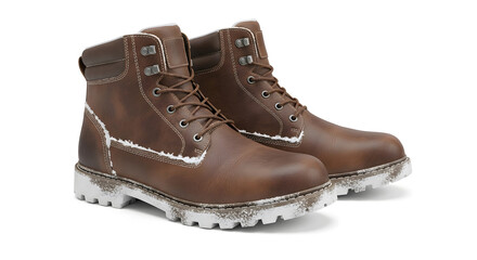 Brown Winter Boots with Snow on White Background