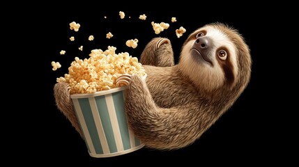 Naklejka premium Happy sloth enjoying popcorn