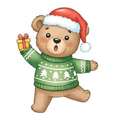 Excited Bear in Christmas Sweater Holding a Small Gift