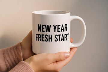 Warm hands lovingly present a crisp white mug featuring inspiring "NEW YEAR FRESH START" text, symbolizing optimism, goals, and personal growth for a hopeful beginning