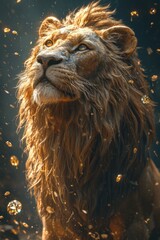 A majestic male lion with a golden mane in a powerful portrait. Vertical fantasy image with sparkling gold gems symbolizing luxury and royalty