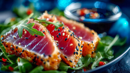 Close-up of seared tuna tataki topped with sesame seeds, scallions, and glaze on a green leaf