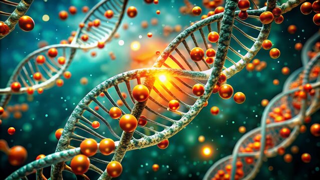 Abstract 3d rendering of double helix dna strands with glowing particles