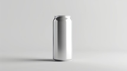 A blank silver aluminum can mockup for beverage packaging. Tall slim drink container template isolated on a clean background with copy space