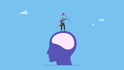 Success businessman climbing on top of his mind holding winning flag for business goal. Success mindset, mentor or inspiration to succeed in work or business, growth and career development.