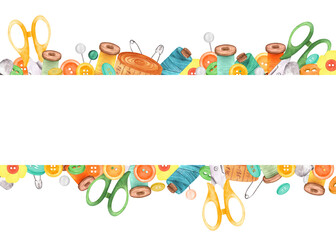 Fototapeta premium Two borders of sewing items with copy space in the middle. Sewing threads, scissors, buttons, needles, pins. Rectangle design. Hand-drawn watercolor illustrations for sewing, crafting-themed design