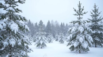 Vertical video of a winter forest with snow-covered pine trees. Gentle snowfall in a cold and beautiful landscape. Christmas holiday nature background - Powered by Adobe