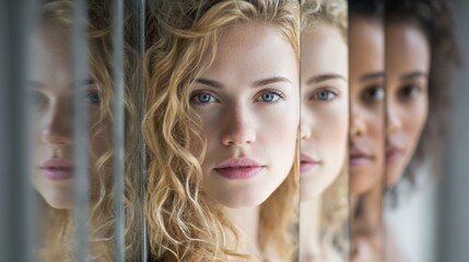 Diverse Beauty Reflected in Mirrors Showcasing Unique Portraits of Women in a Serene Setting