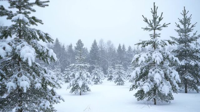 Vertical video of a winter forest with snow-covered pine trees. Gentle snowfall in a cold and beautiful landscape. Christmas holiday nature background