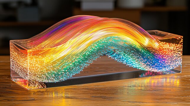 Curved cable trails fiber optic bundle rainbow spectrum light through crystal-clear acrylic block long exposure macro photography natural curvature elegant light dispersion