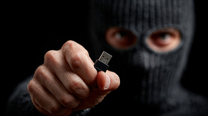 Bandit in a balaclava mask holding a simple USB stick, symbolizing the extraction of sensitive data in a cybersecurity breach