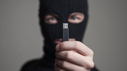 Bandit in a balaclava mask holding a simple USB stick, symbolizing the extraction of sensitive data in a cybersecurity breach