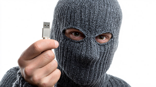Bandit in a balaclava mask holding a simple USB stick, symbolizing the extraction of sensitive data in a cybersecurity breach