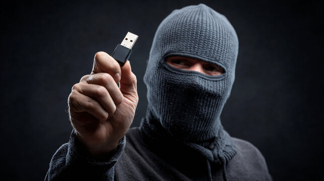Bandit in a balaclava mask holding a simple USB stick, symbolizing the extraction of sensitive data in a cybersecurity breach
