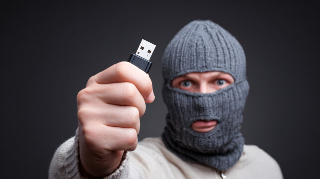 Bandit in a balaclava mask holding a simple USB stick, symbolizing the extraction of sensitive data in a cybersecurity breach