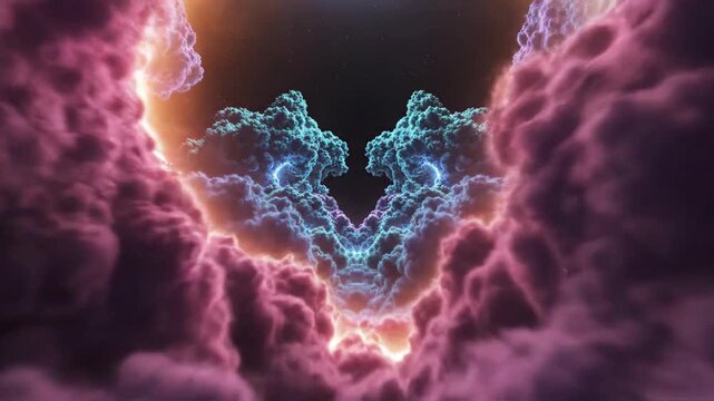 Abstract journey through cosmic clouds and a glowing nebula. Symmetrical fly-through of a fractal space tunnel. Animated science fiction background