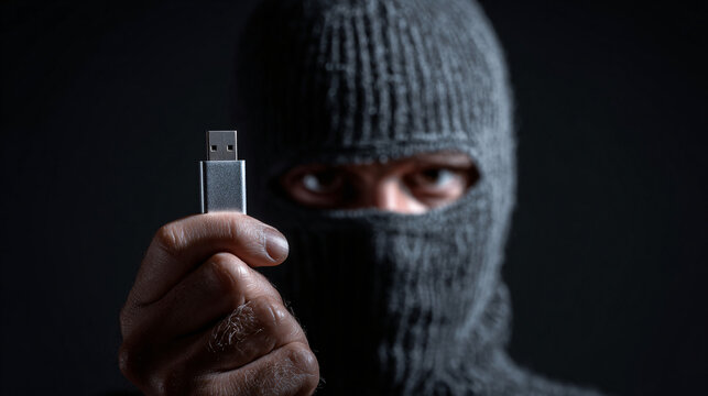 Bandit in a balaclava mask holding a simple USB stick, symbolizing the extraction of sensitive data in a cybersecurity breach - Powered by Adobe