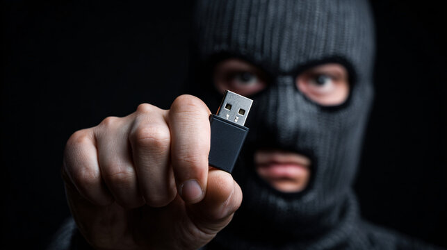 Bandit in a balaclava mask holding a simple USB stick, symbolizing the extraction of sensitive data in a cybersecurity breach