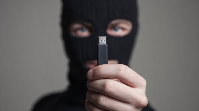 Bandit in a balaclava mask holding a simple USB stick, symbolizing the extraction of sensitive data in a cybersecurity breach