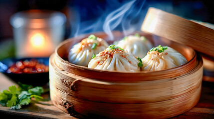 Steaming dumplings in a bamboo steamer garnished with sesame seeds and green onions, evoking Asian cuisine