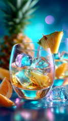 Refreshing pineapple cocktail with ice cubes and fruit slices, illuminated by vibrant blue and pink lighting