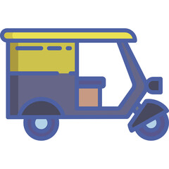 Yellow and Purple Auto Rickshaw Tricycle Vehicle with Closed Cargo Box and Transparent Background Flat Icon Design