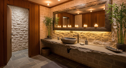 Elegant bathroom interior design with stone walls and wooden accents for spa