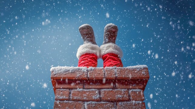Merry Christmas xmas holiday celebration background, funny greeting card - Santa Claus with his head stuck in the chimney and his black boots pointing toward the blue sky with snow snowflakes