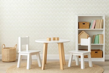 Bright and airy children s playroom with white table chairs and bookshelf