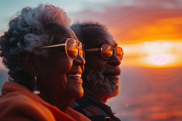 Portrait of a blissful afro-american couple in their 70s watching the sunset