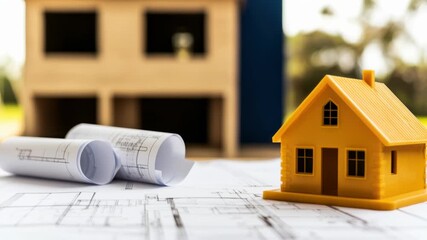 Architectural model with yellow house on blueprint and rolled plans for construction and real estate project - Powered by Adobe