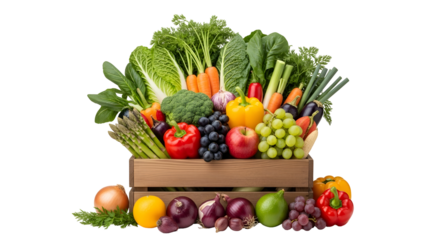Fresh organic vegetables in wooden crate isolated on transparent background, healthy food and agriculture concept