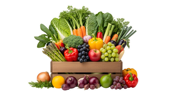 Fresh organic vegetables in wooden crate isolated on transparent background, healthy food and agriculture concept