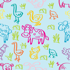 Seamless pattern with  color full farm animals. Vector illustration.